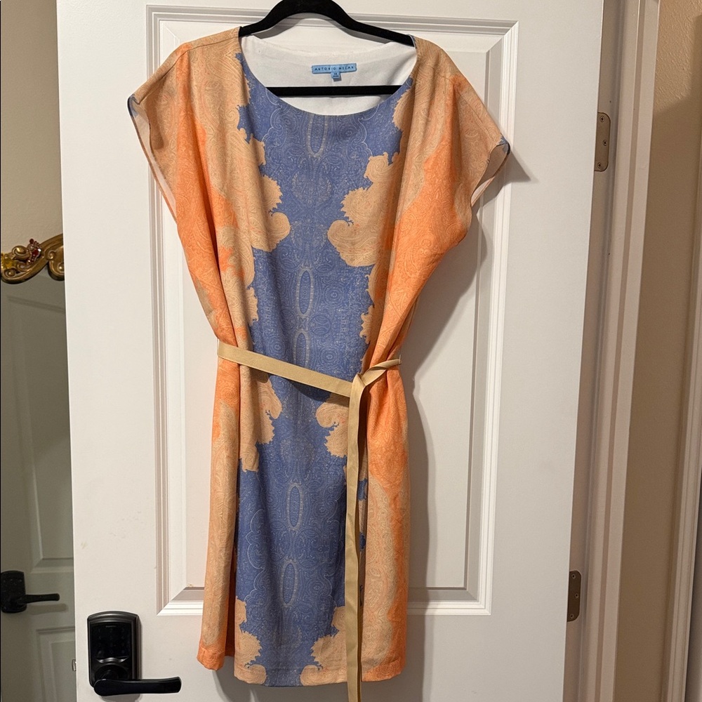 Sandra Darren Blue and Peach Print Belted Dress